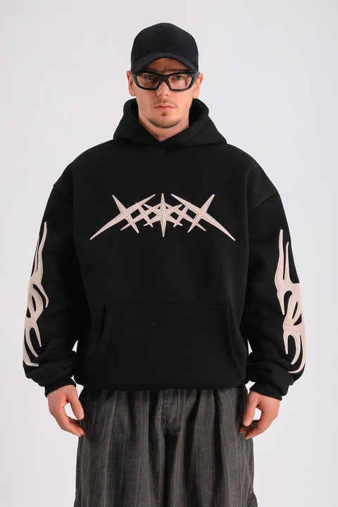 Tribal Spike Patch Sleeve Graphic Oversized Pullover Hoodie