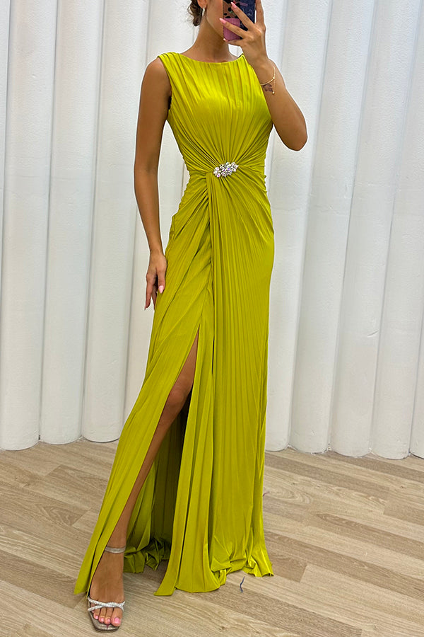 Pleated Rhinestone Waist Brooch Boat Neck High Split Maxi Gown