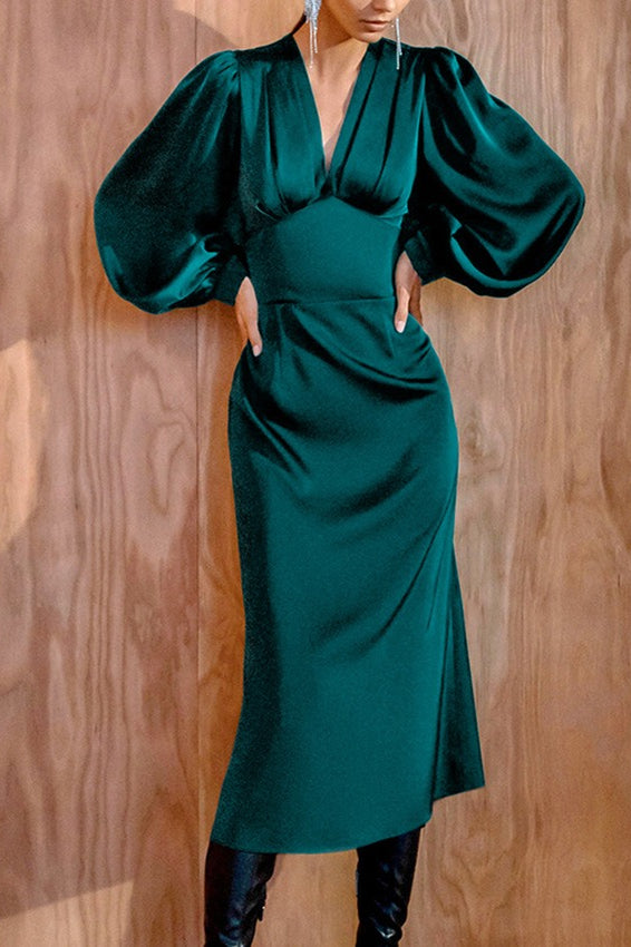 Satin Deep V-Neck Puff Sleeve Ruched Mermaid Midi Dress