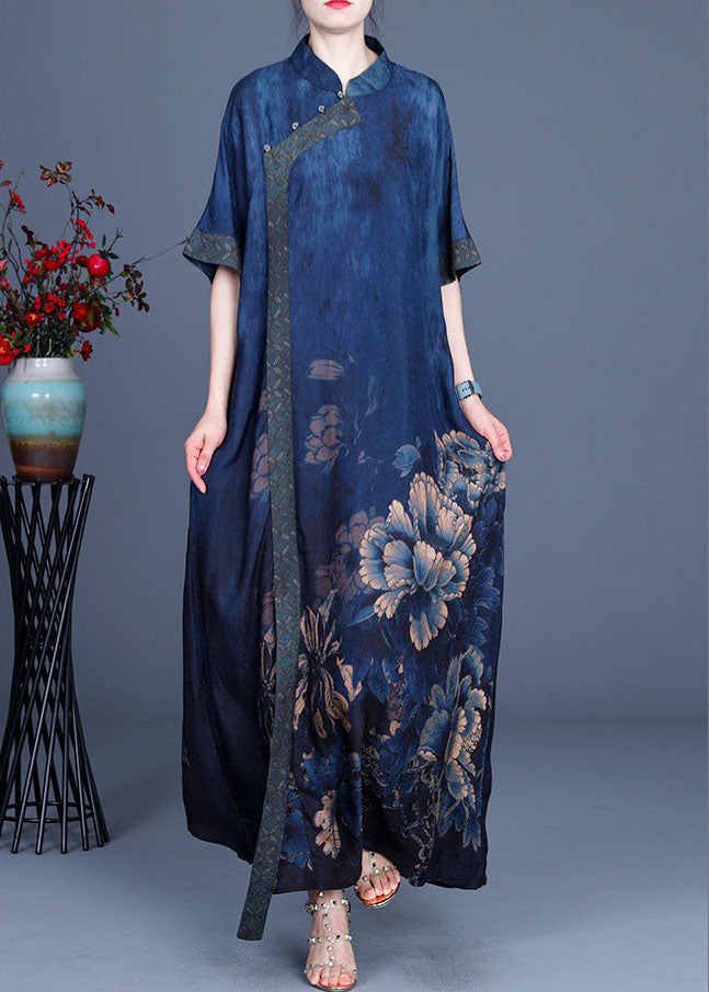 Floral Print Mandarin Collar Asymmetrical Button Short Sleeve Oversized Maxi Dress