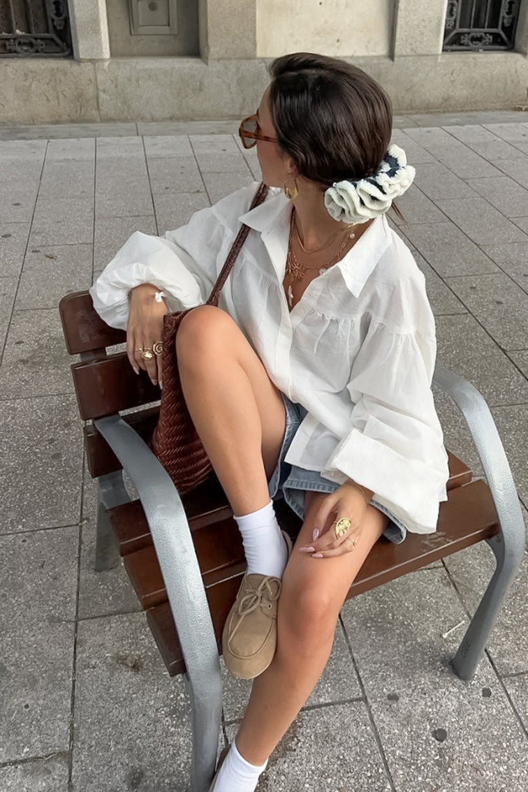 Collared Gathered Yoke Balloon Sleeve Oversized Button Front Shirt 2