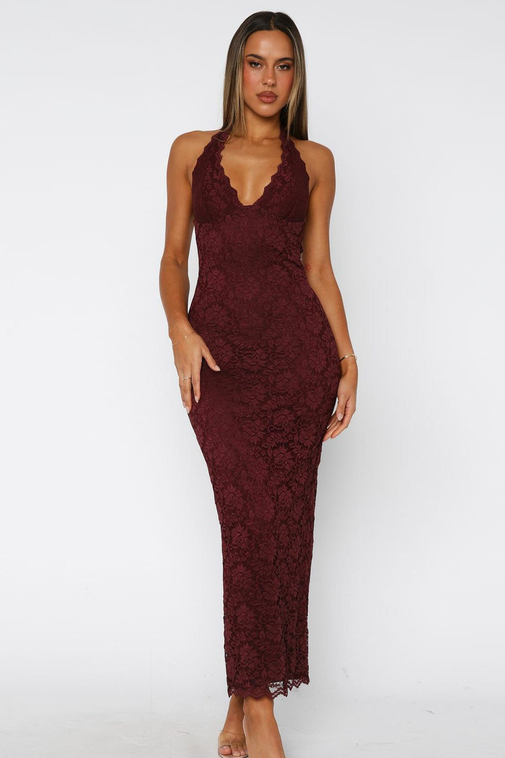 Lace Scallop V-Neck Bodycon Mermaid Maxi Dress