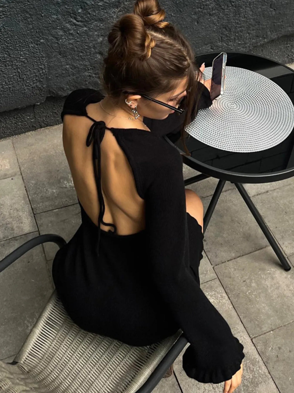Knit Flare Long Sleeve Open Back Ruffle Hem Sweater Mini Dress 8