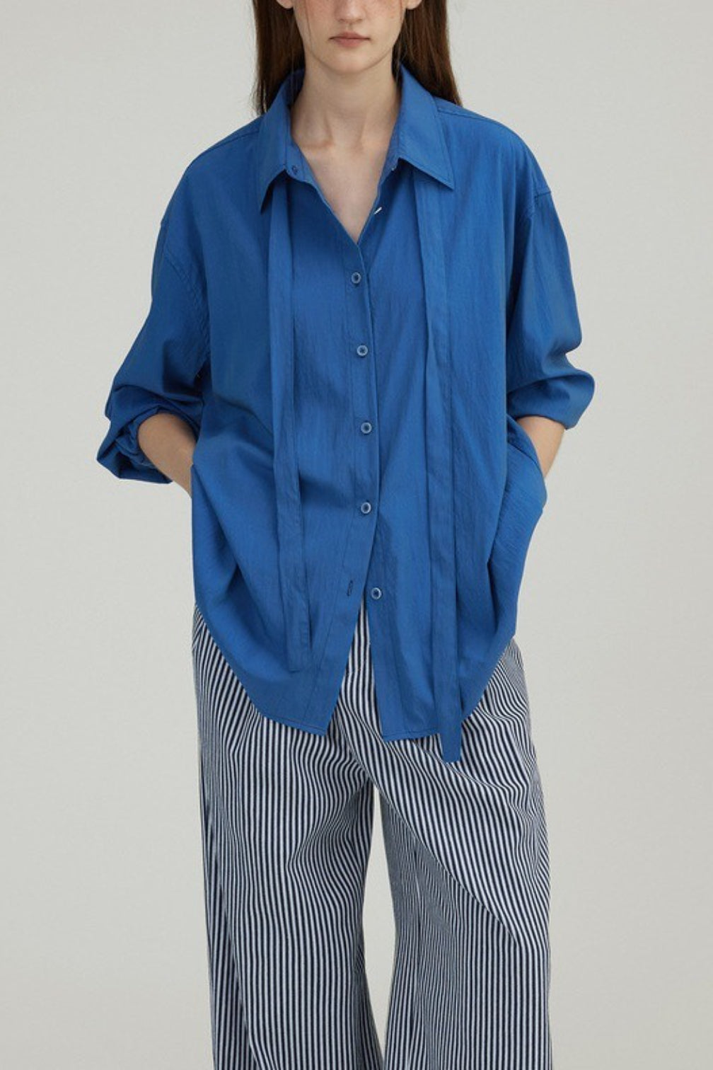 Oversized Collared Long Sleeve Button Front Tie Neck Shirt 4