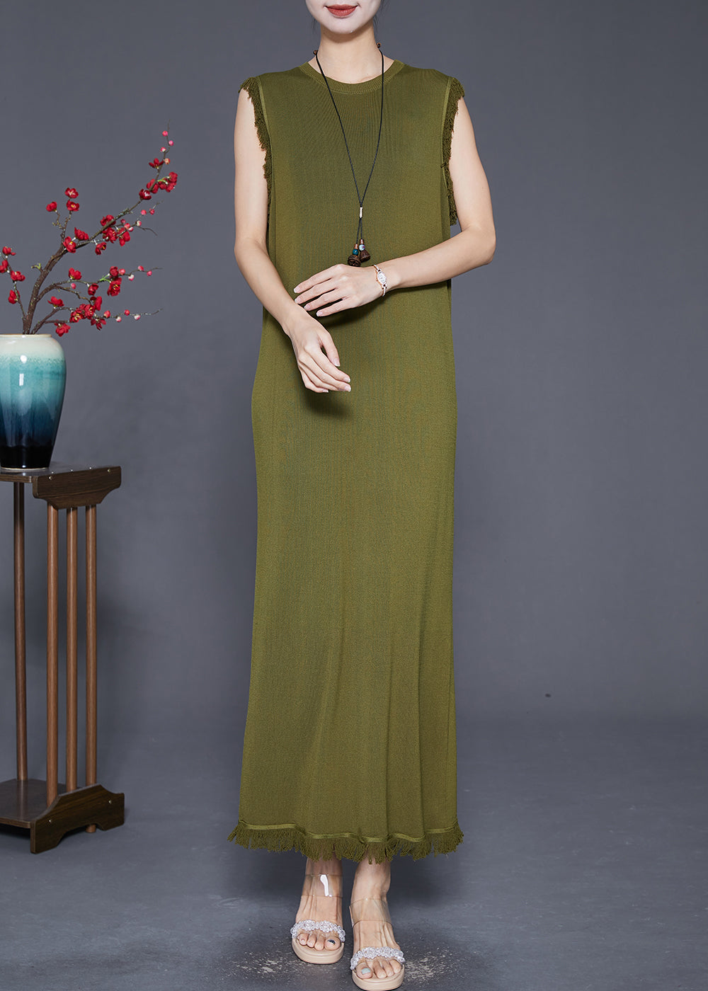 Knit Sleeveless Fringe Trim Crew Neck Column Maxi Dress