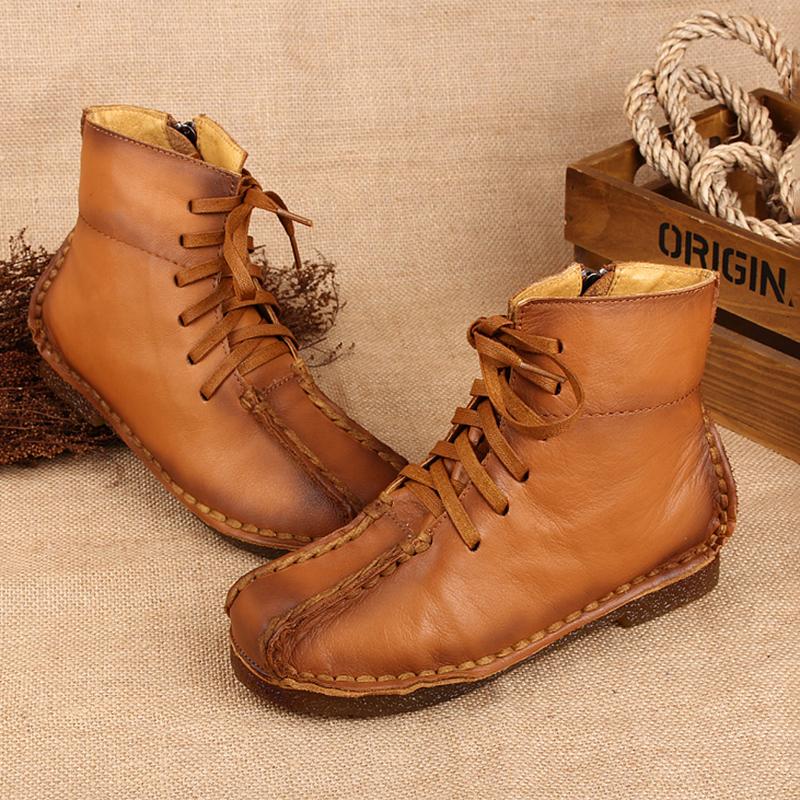 National Style Leather Short Boots For Women Lace Up Green/Black/Brown