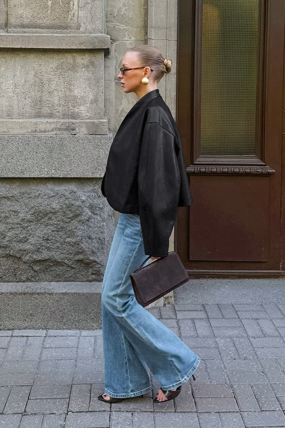 Black Leather Stand Collar Jacket