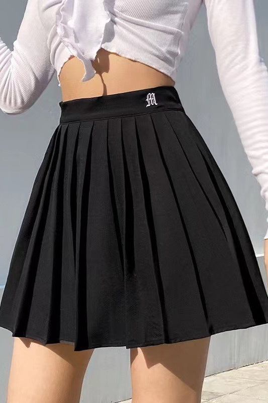 High Waist Letter Embroidered Pleated A-Line Mini Skirt