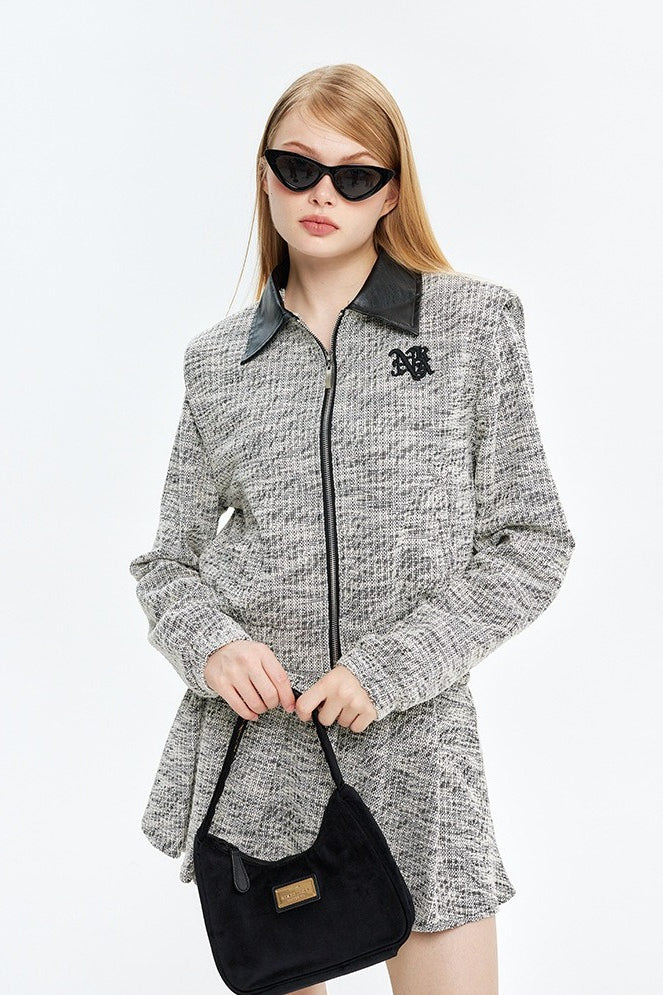 Tweed Zip Front Contrast Collar Jacket and Flared Mini Skirt Two Piece Set