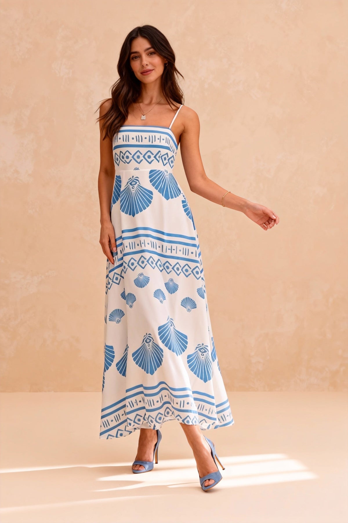 Shell Print Square Neck Spaghetti Strap A-Line Maxi Dress