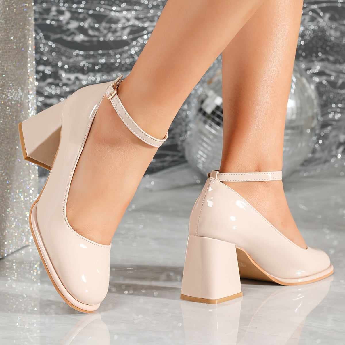 Patent Look Ankle Strap Block Heel Mary Jane Pumps
