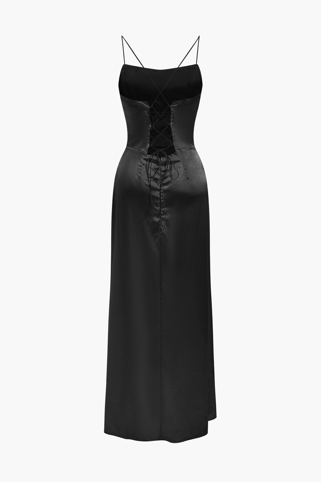 Satin Cowl Neck Corset Bodice Spaghetti Strap High Split Maxi Gown 4