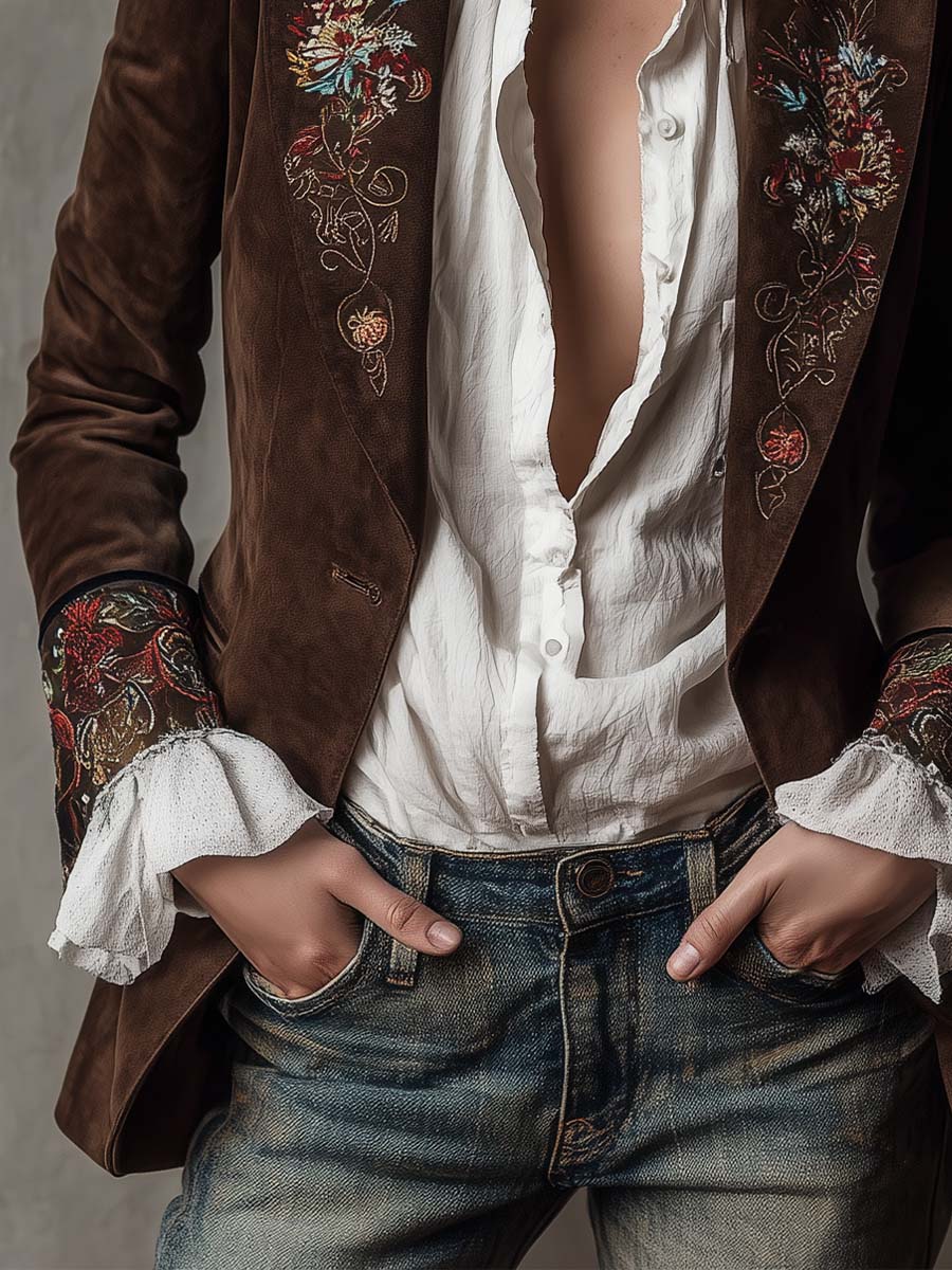 Suede Look Floral Embroidered Notch Lapel Blazer