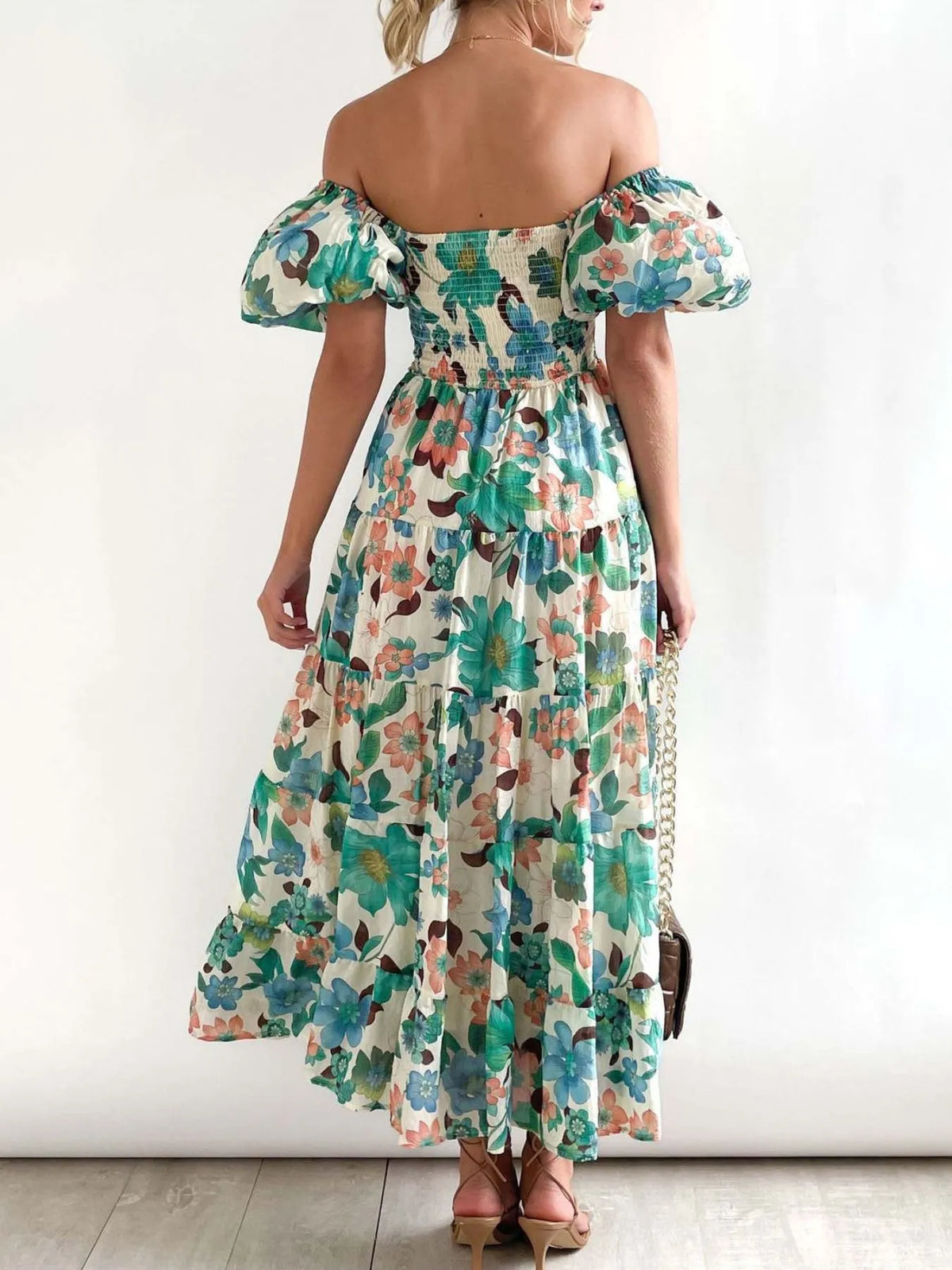 Floral Off Shoulder Smocked Puff Sleeve Tiered Maxi Dress 3