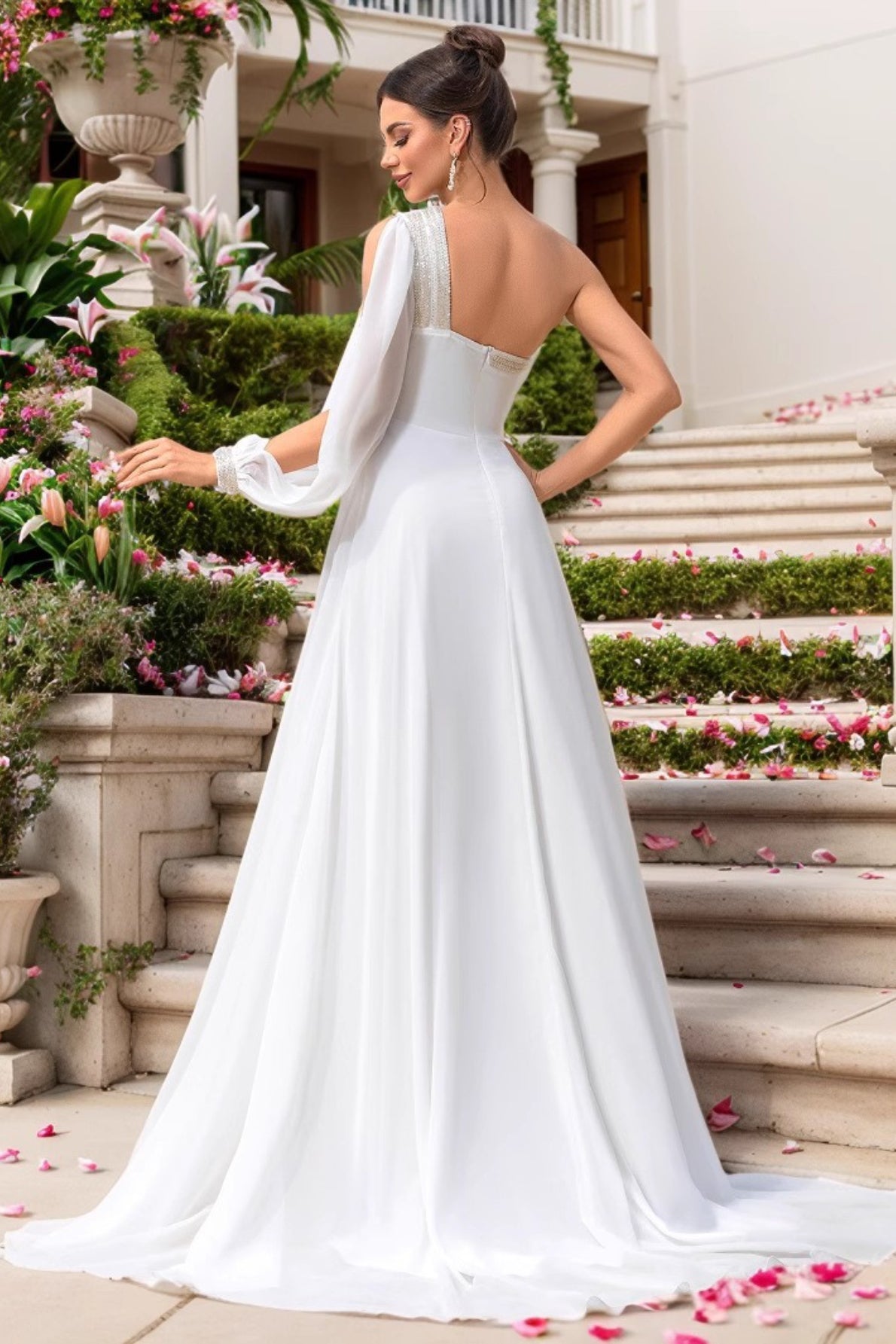 Chiffon One Shoulder Long Sleeve High Split A-Line Prom Dress
