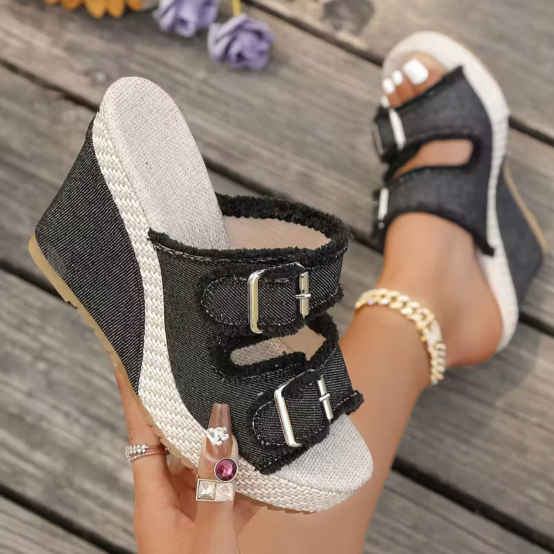 Open Toe Frayed Double Buckle Platform Wedge Slides