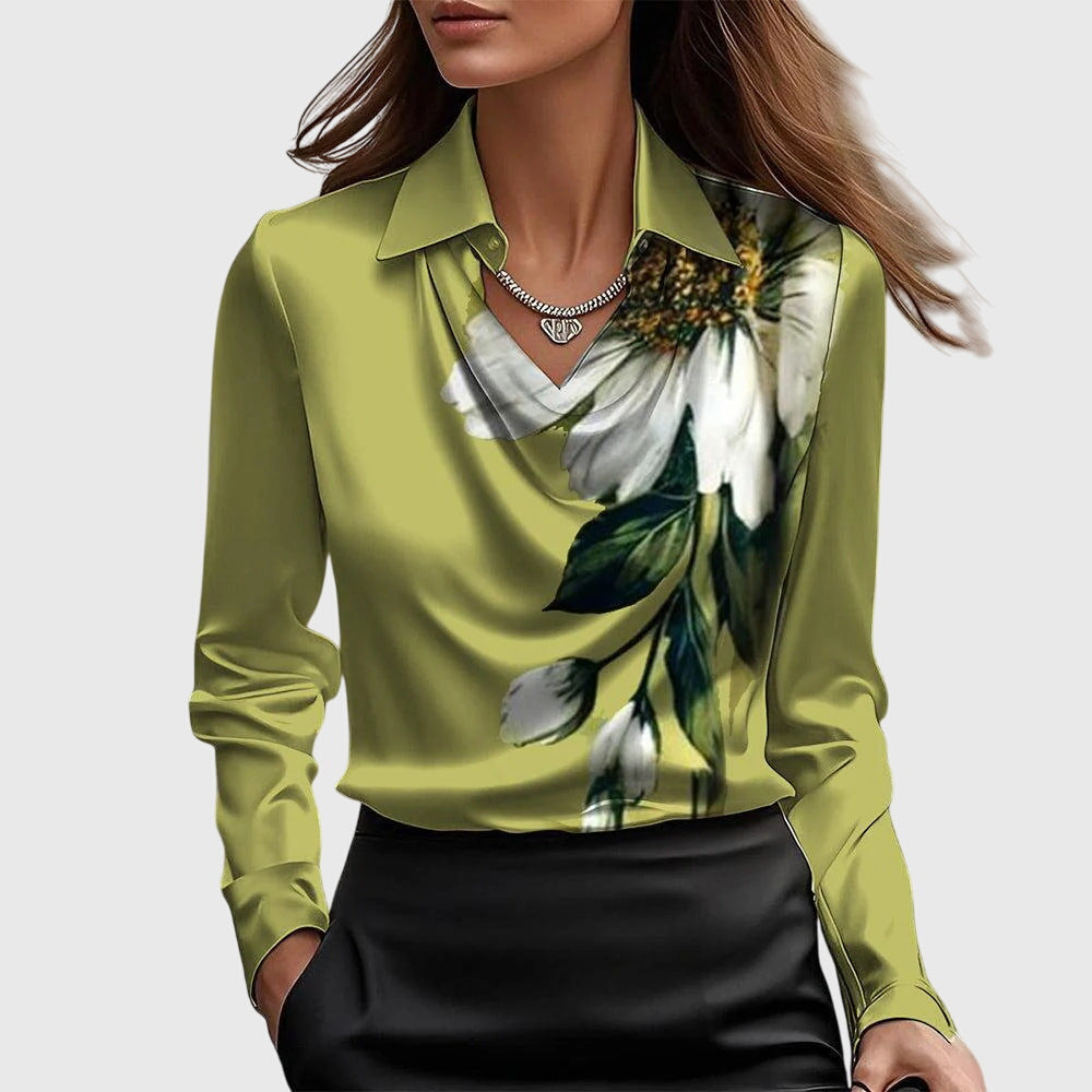 Collared Cowl Neck Long Sleeve Satin Blouse