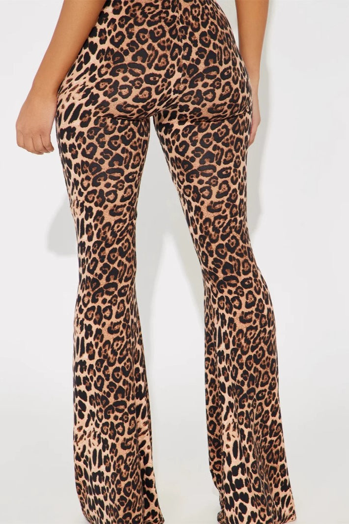 Leopard Print Lettuce Trim Waist Fitted Flare Pants 2