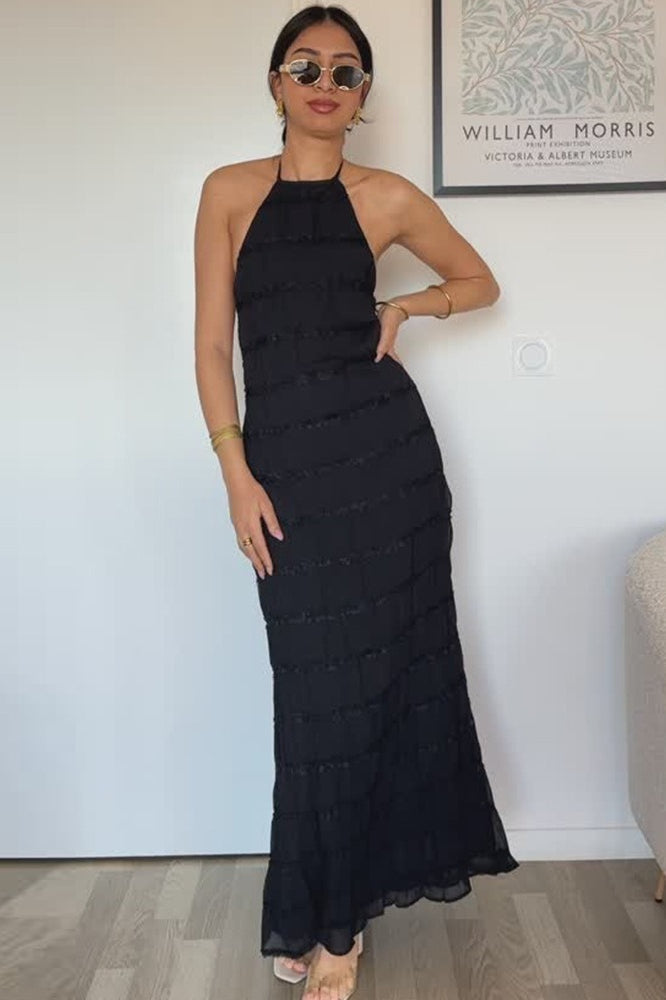Backless Edition Ruched Striped Tie Ruffled Maxi Boho Dress