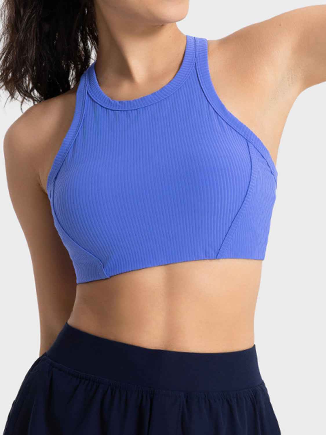 Ribbed Round Neck Wide Strap Cropped Sport Tank Top 14