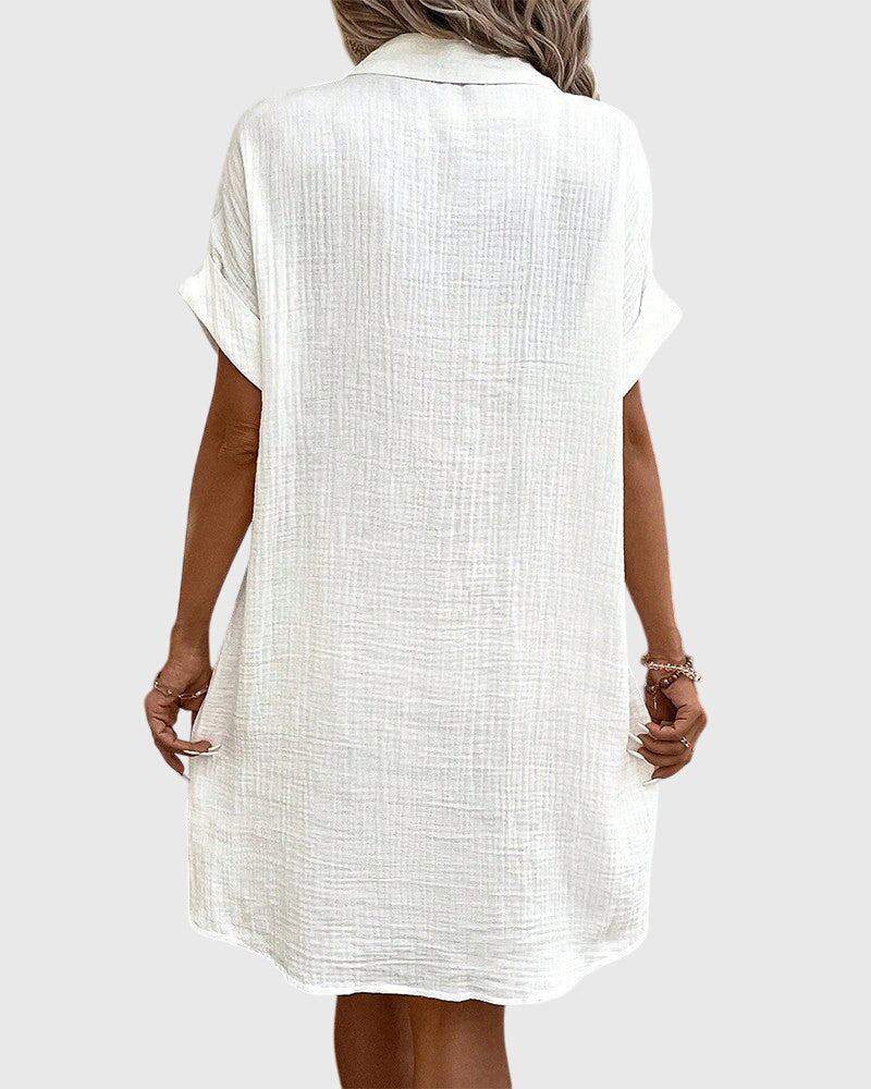 Button Front Short Sleeve Collared Pocket Shirt Dress