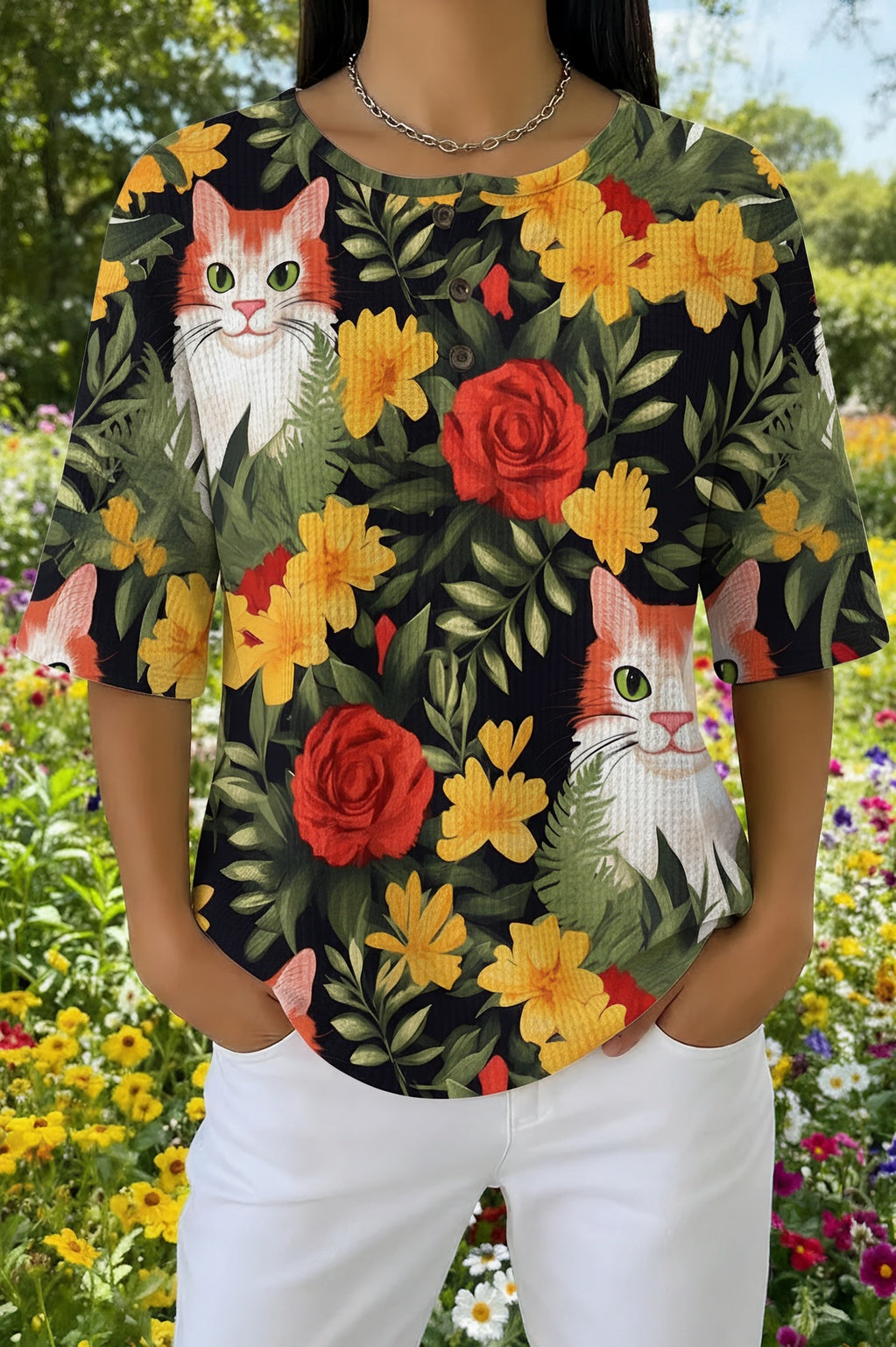 Cat Floral Print Short Sleeve Button Waffle Knit Top