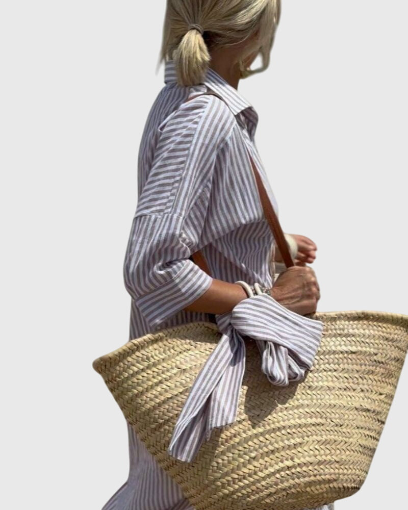 Striped Button Front Long Sleeve Side Split Shirt Dress