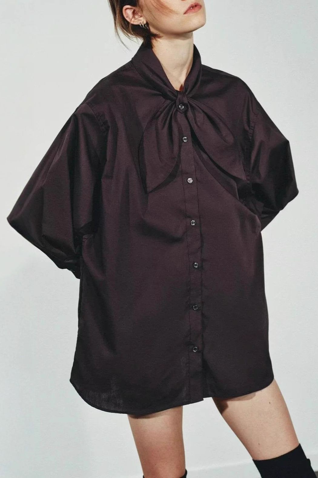 Tie Neck Button Front Puff Sleeve Oversized Longline Shirt