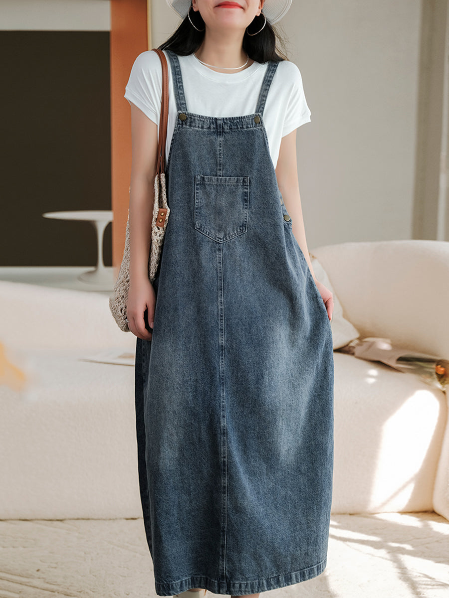 Denim Bib Front Overall Strap Pocket A-Line Maxi Jumper Dress