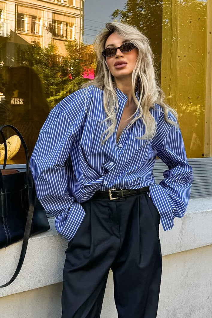 Striped Band Collar Long Sleeve Oversized Button Front Shirt