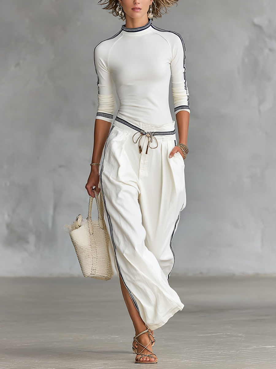 High Neck Striped Trim Top and Wide Leg Pants Set