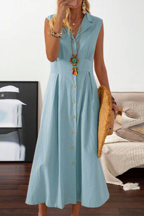 V-Neck Lapel Collar Sleeveless Button Front Pleated Waist A-Line Midi Dress