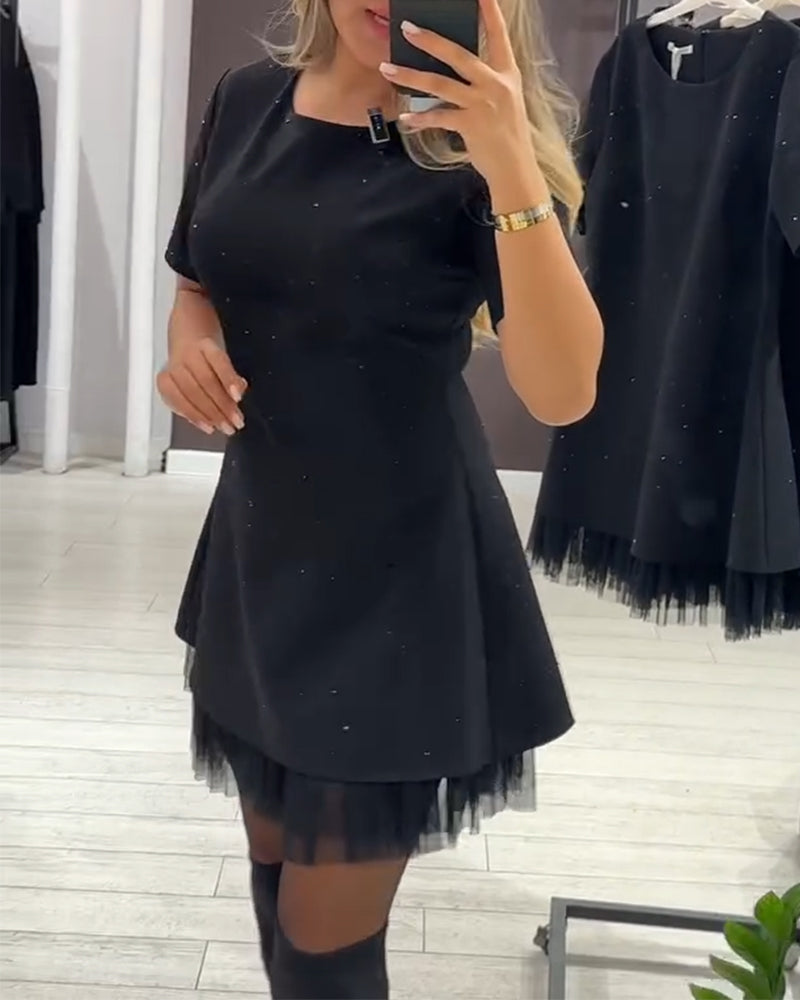 Rhinestone Tulle Hem Short Sleeve Fit and Flare Mini Dress
