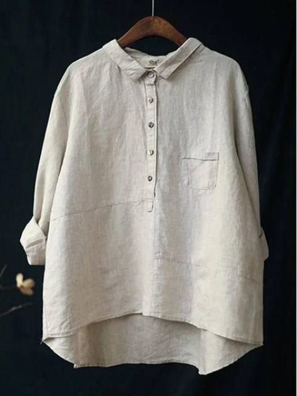 Collared Half Button Three Quarter Sleeve Linen Blouse