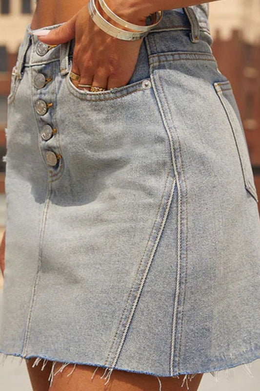High Waist Button Fly Frayed Raw Hem Denim Mini Skirt 4
