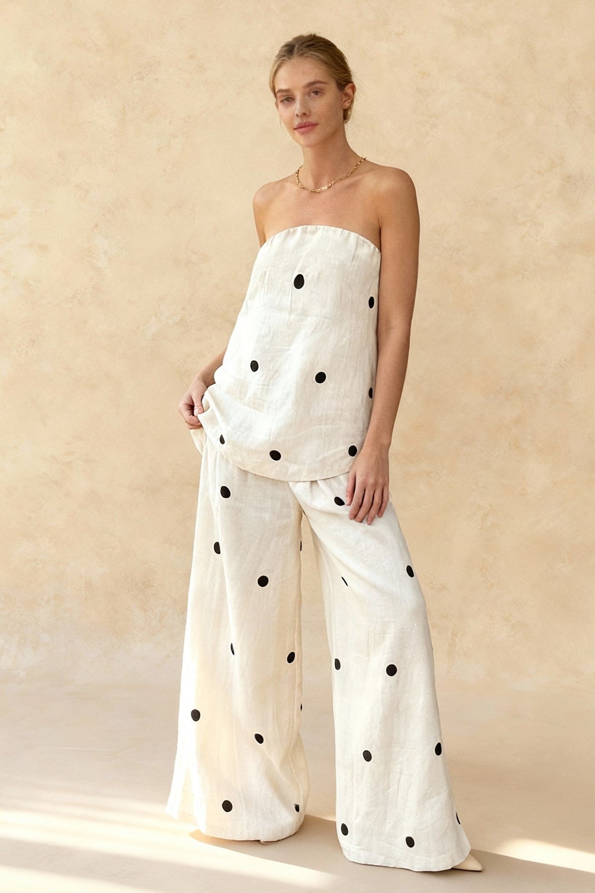 Polka Dot Strapless Top and Wide Leg Pants Two Piece Set