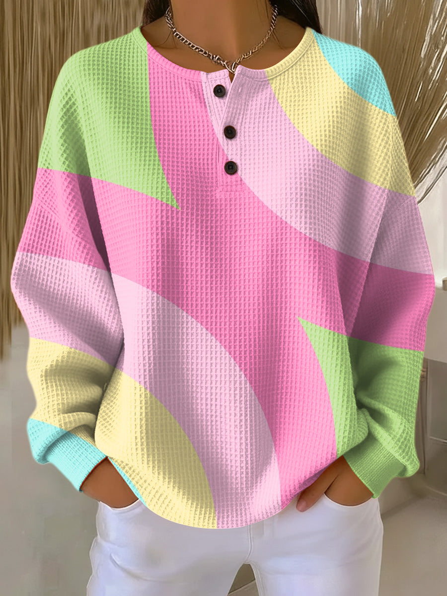 Color Block Waffle Knit Button Neck Sweatshirt