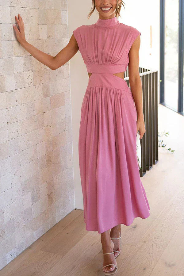 Sleeveless Mock Neck Side Cut Out Pleated Maxi Dress