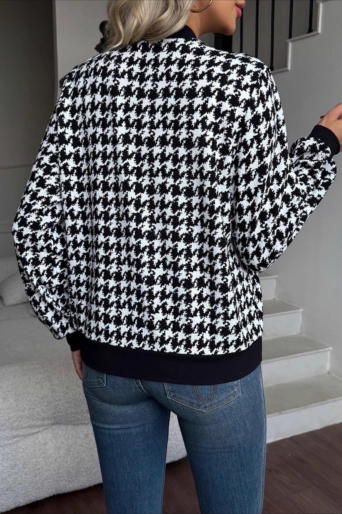 Houndstooth Zip Front Long Sleeve Contrast Trim Bomber Jacket 3