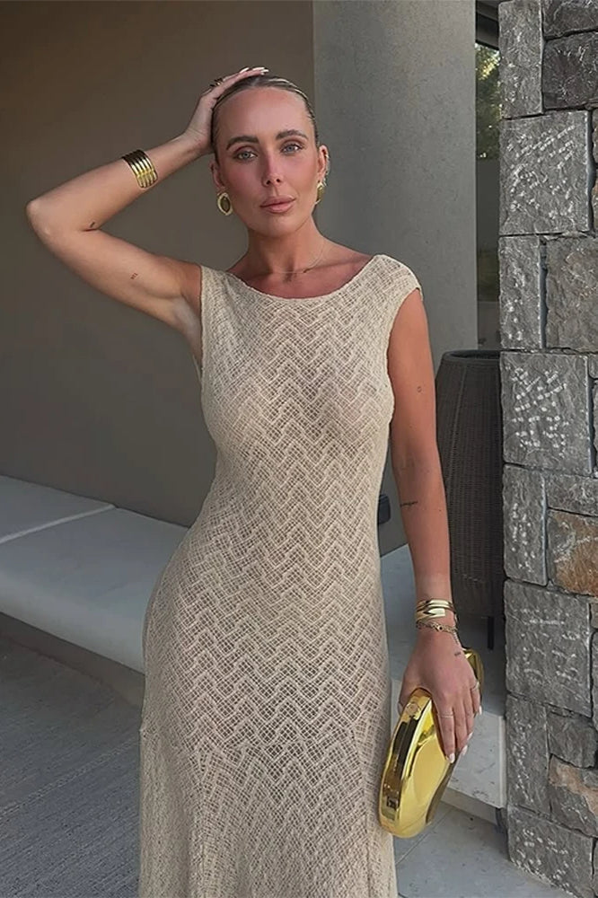 Alluring O Neck See Through Fit and Flare Maxi Dress