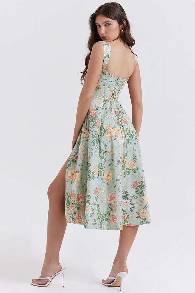 Floral Print Sweetheart Corset A-Line Midi Dress
