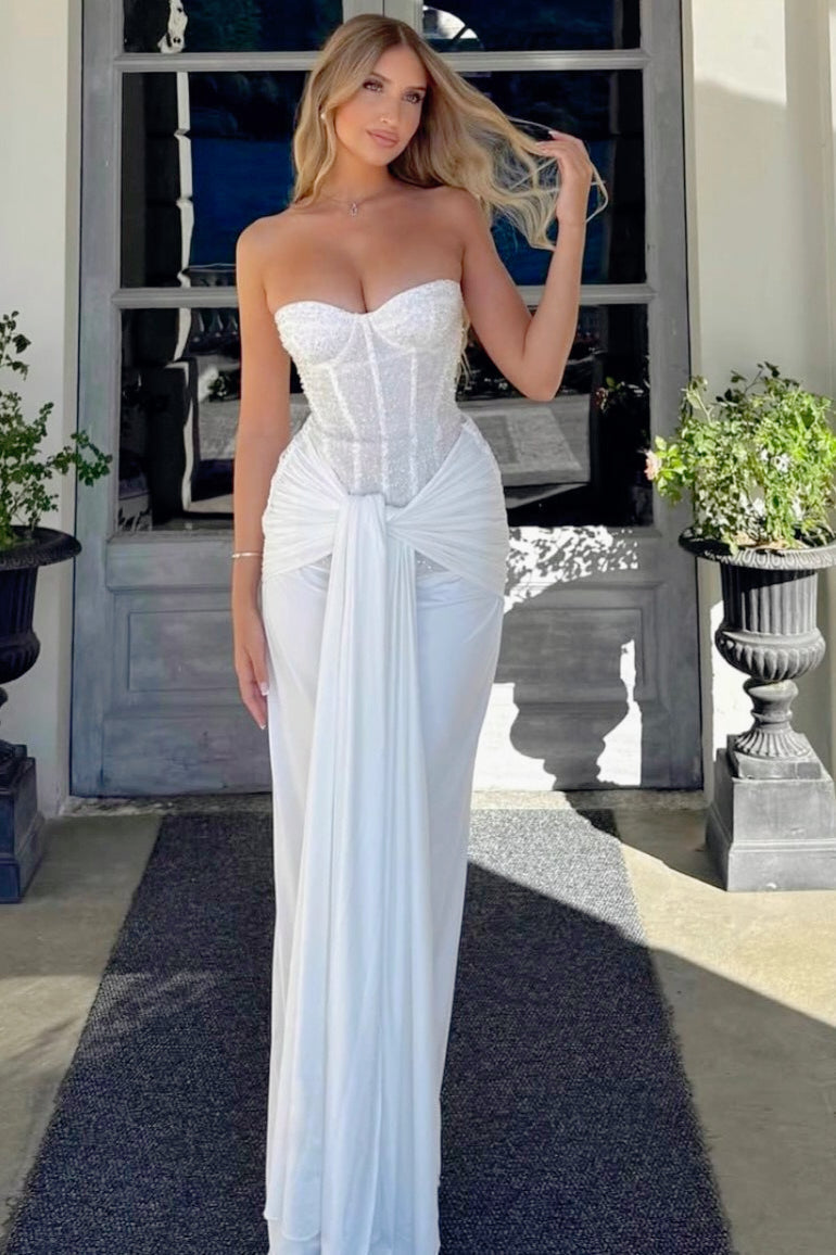 Sequin Strapless Corset Draped High Split Maxi Dress
