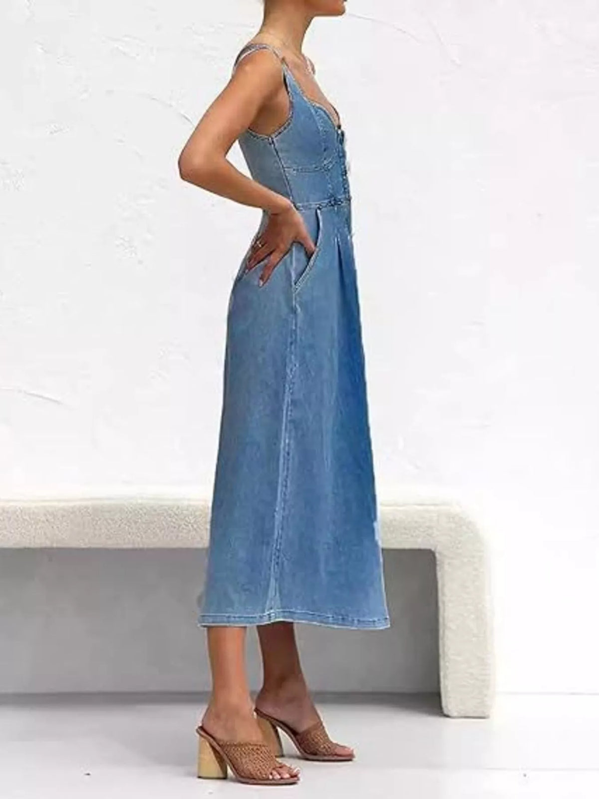 Smocked Back Button Front Denim Midi Dress