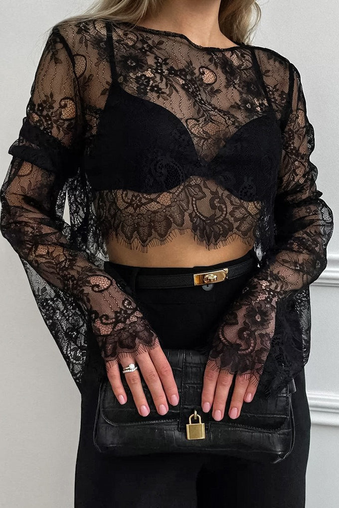 Sheer Floral Lace Round Neck Long Sleeve Scalloped Hem Crop Top 4