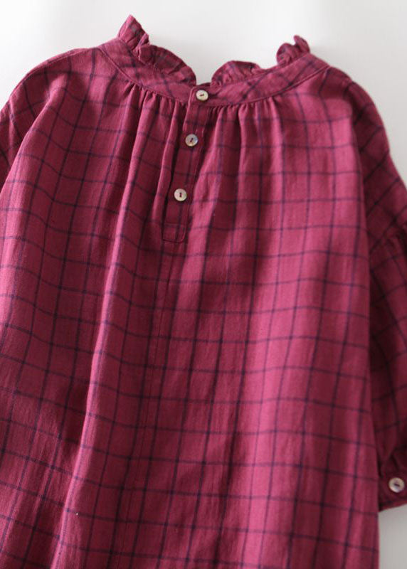 Plaid Print Ruffle Mock Neck Short Puff Sleeve Oversized A-Line Midi Dress