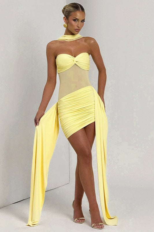 Strapless Twist Bust Ruched Mesh Panel Side Drape Mini Dress 2