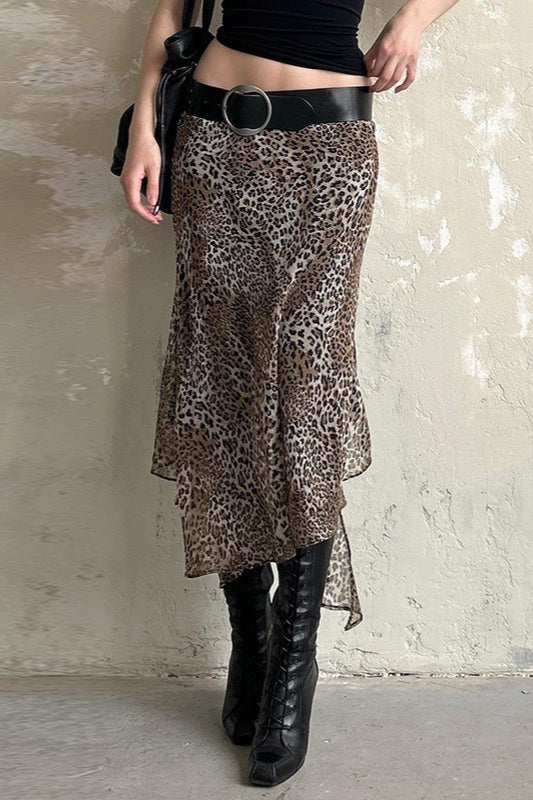 Leopard Print Sheer Mesh Low Waist Asymmetric Hem Midi Skirt