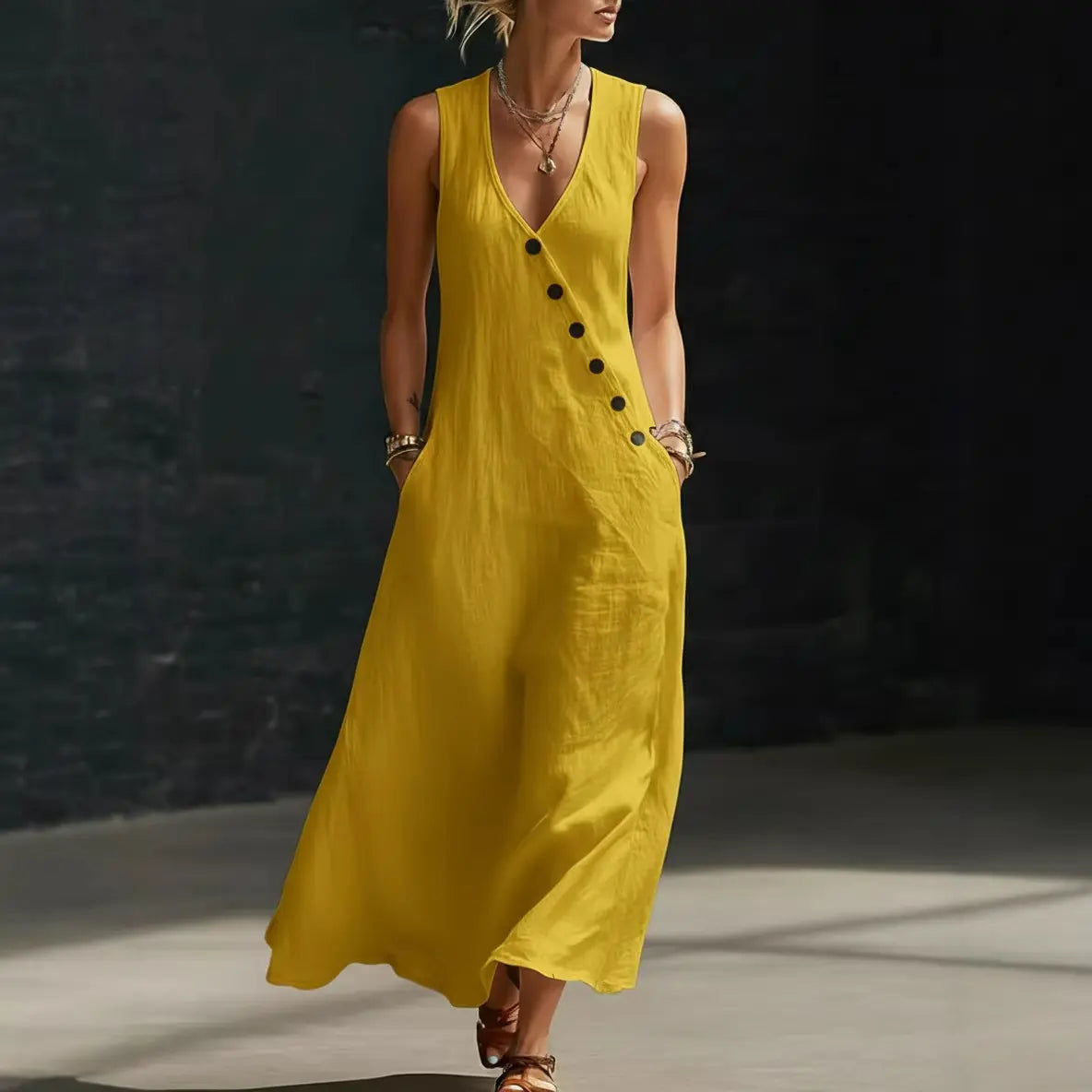 V-Neck Sleeveless Button Front Pocket Maxi Dress