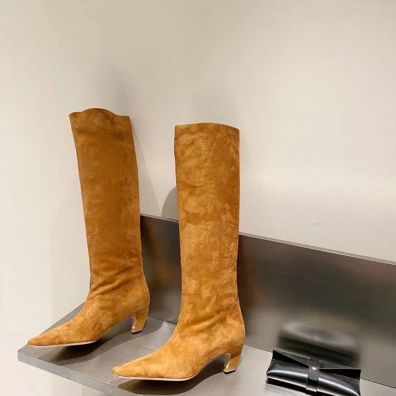 Kitten Heel Wide-Shaft Boots In Black/Brown/ Blue Stretch Velvet - Women Knee-high Boots