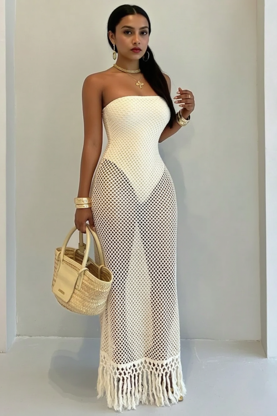 Solid Tube Cutout Tassel Maxi Slim Bodycon Dress